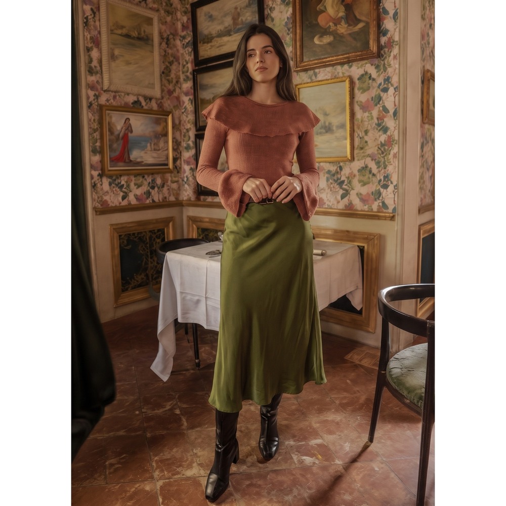 Velvet by Graham & Spencer Midi Skirt Womens Size M Moss Green Viscose Satin